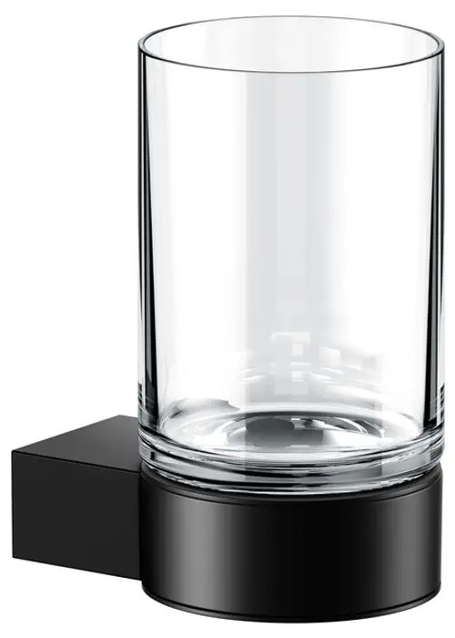 Glashalter von Keuco, kombiniert mit einem durchsichtigen Echtkristall-Glas, auf einer schwarzen, rechteckigen Basis montiert.